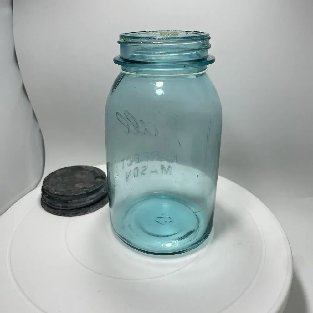 Vtg Ball Perfect Mason Green Glass Jar w Zinc Lid Wide Mouth Quart #3